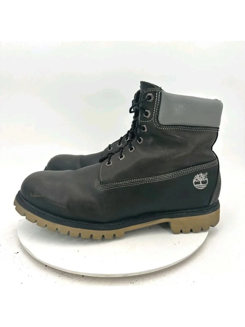 Timberland Men Size 13M Black Leather Silver Stitched Steel Toe Combat Boot